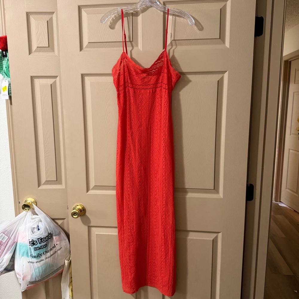 VICTORIAS SECRET Red Orange Lace Slip Dress Maxi Cover Up size M slit
